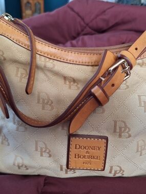 Dooney & Bourke Tan and Beige Canvas Logo Shoulder Bag